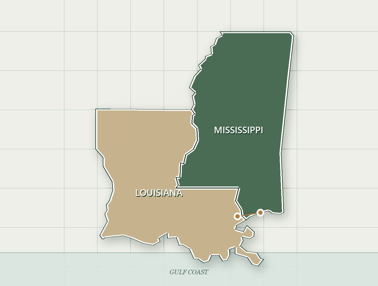 Service area map with Mississippi shaded forest green and Louisiana shaded warm sand